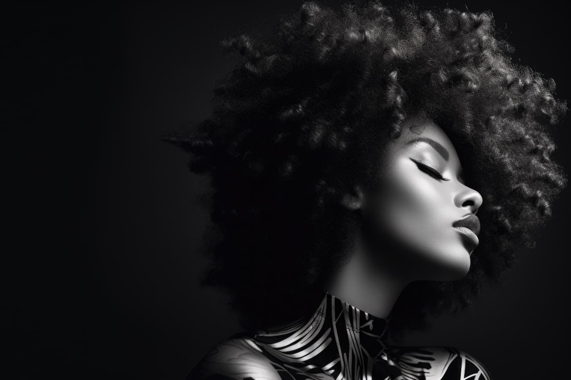 Monochrome portrait with sculptural curls
